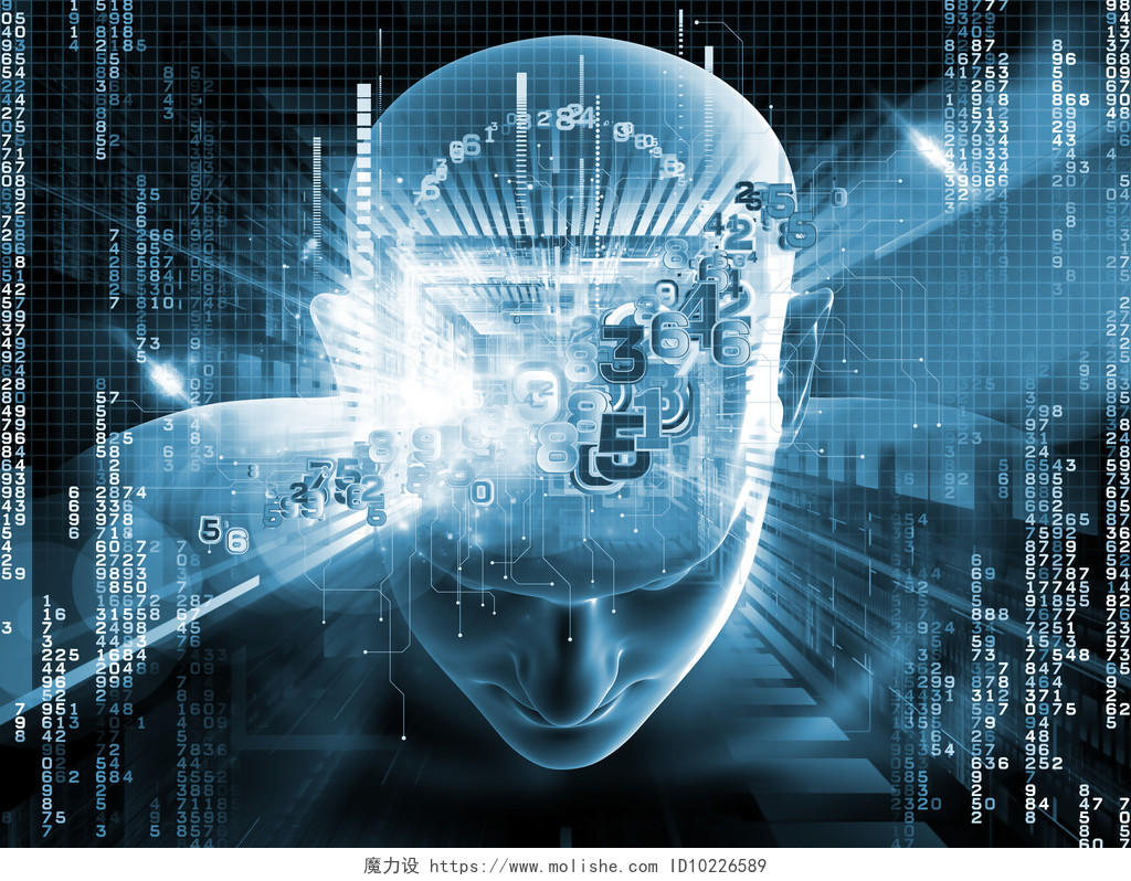 人体头部数字和人工智能技术现代科学计算机技术和人力和人工头脑的主题上各种抽象元素的抽象拼贴画